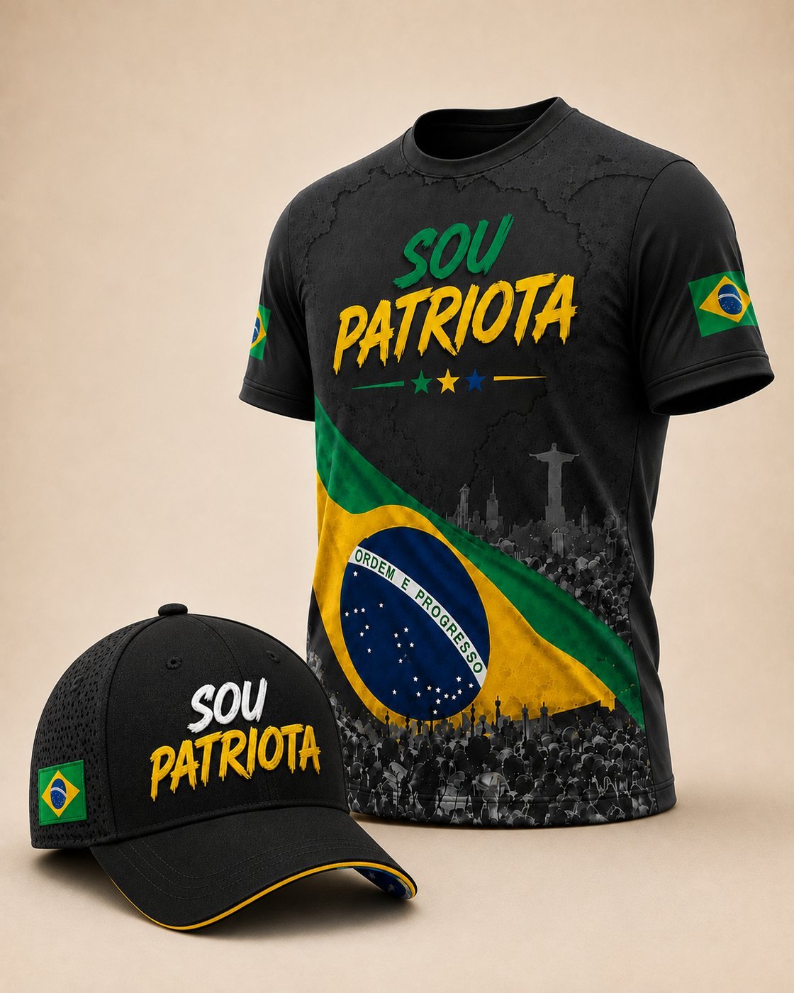 Kit Camisa manga curta preta + Boné preto Sou Patriota